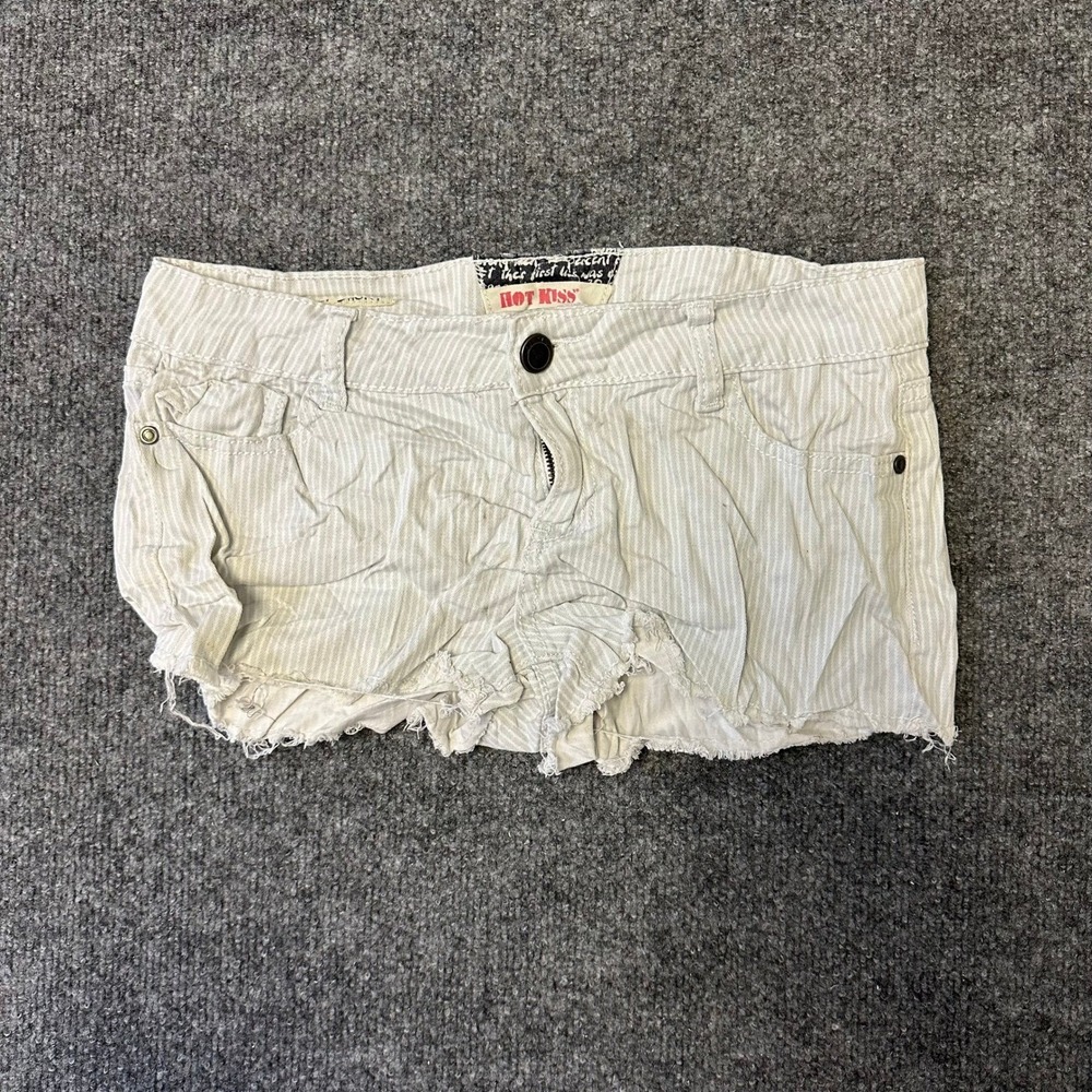 Hot Kiss Shorts Womens Size 9 Blue Striped Low Rise Raw Hem Denim Cut Offs